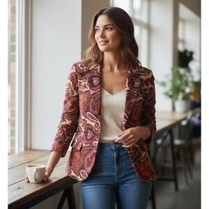 Talbots Velvet Blazer Size 12 Red Paisley Velour Jacket Artsy Boho Chic Retro